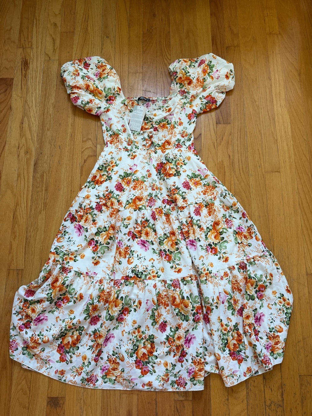 White Floral Puff-Sleeve Maxi Dress NWT